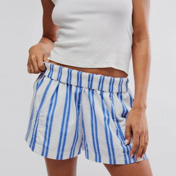 Free People Get Free Striped Pull On Shorts Blue White Size Medium NEW NWT - Picture 1 of 10